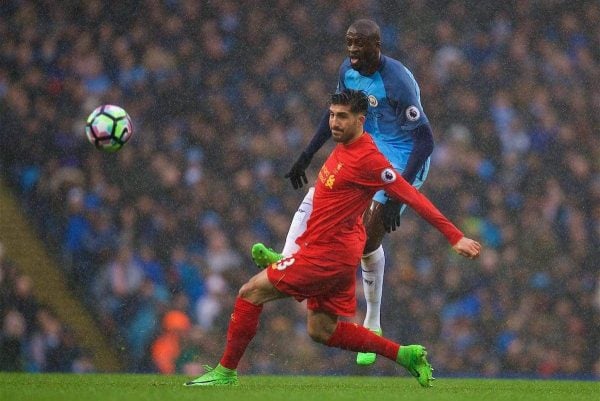 MANCHESTER, ENGLAND - Sunday, March 19, 2017: Liverpool's Emre Can in action against Manchester City's Yaya Toure during the FA Premier League match at the City of Manchester Stadium. (Pic by David Rawcliffe/Propaganda)