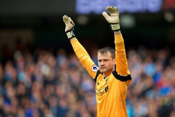 MANCHESTER, ENGLAND - Sunday, March 19, 2017: Liverpool's goalkeeper Simon Mignolet in action against Manchester City during the FA Premier League match at the City of Manchester Stadium. (Pic by David Rawcliffe/Propaganda)