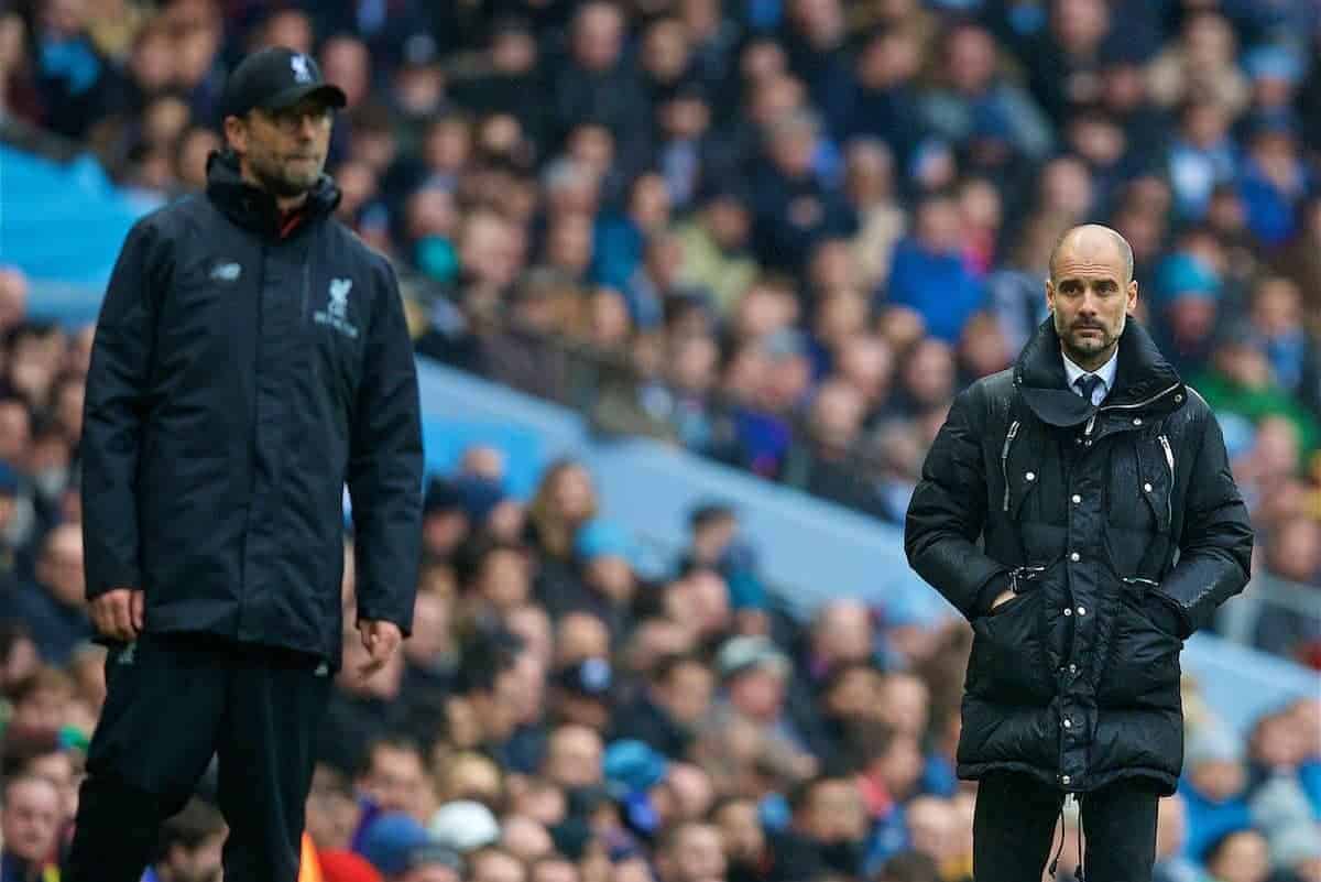 MANCHESTER, ENGLAND - Sunday, March 19, 2017: Manchester City's manager Pep Guardiola and Liverpool's manager Jürgen Klopp during the FA Premier League match at the City of Manchester Stadium. (Pic by David Rawcliffe/Propaganda)