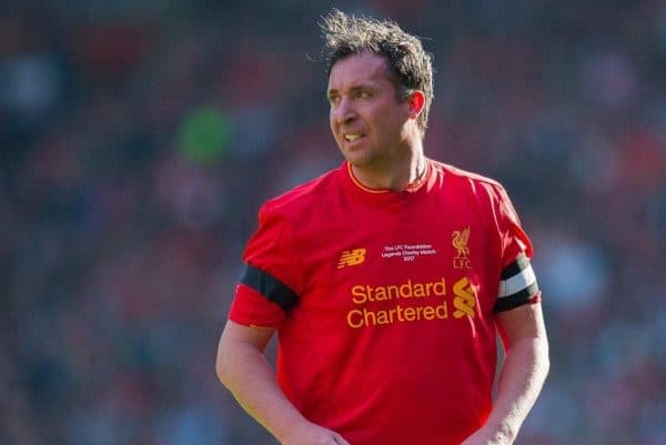 LIVERPOOL, ENGLAND - Saturday, March 25, 2017: Liverpoolís Robbie Fowler in action against Real Madrid's Michael Salgado during a Legends friendly match at Anfield. (Pic by Peter Powell/Propaganda)