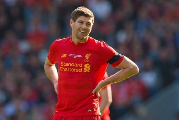 LIVERPOOL, ENGLAND - Saturday, March 25, 2017: Liverpoolís Steven Gerrard in action against Real Madrid's Michael Salgado during a Legends friendly match at Anfield. (Pic by Peter Powell/Propaganda)