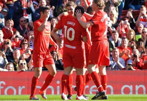 LIVERPOOL, ENGLAND - Saturday, March 25, 2017: Liverpool's Steven Gerrard celebrates scoring the first goal with team-mates during a Legends friendly match against Real Madrid at Anfield. (Pic by Lexie Lin/Propaganda)