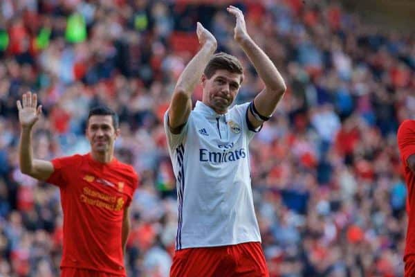 LIVERPOOL, ENGLAND - Saturday, March 25, 2017: Liverpool's Captain Steven Gerrard thanking fans after the Legends friendly match against Real Madrid at Anfield. (Pic by Lexie Lin/Propaganda)