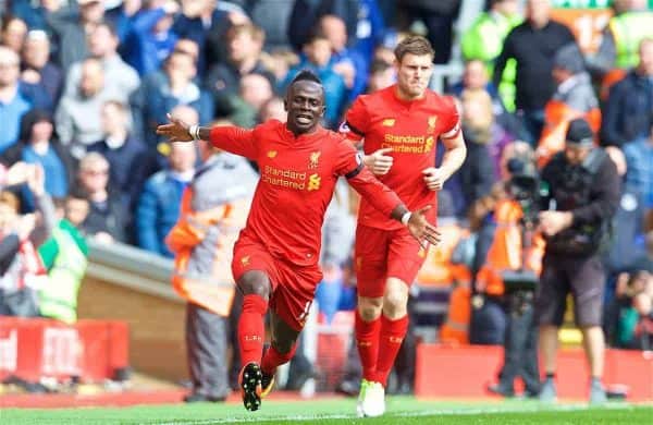 LIVERPOOL, ENGLAND - Saturday, April 1, 2017: Liverpool's Sadio Mane celebrates scoring the first goal against Everton during the FA Premier League match, the 228th Merseyside Derby, at Anfield. (Pic by David Rawcliffe/Propaganda)