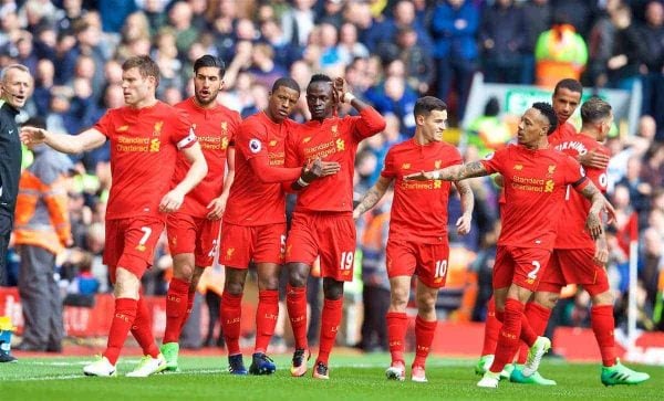 LIVERPOOL, ENGLAND - Saturday, April 1, 2017: Liverpool's Sadio Mane celebrates scoring the first goal against Everton during the FA Premier League match, the 228th Merseyside Derby, at Anfield. (Pic by David Rawcliffe/Propaganda)