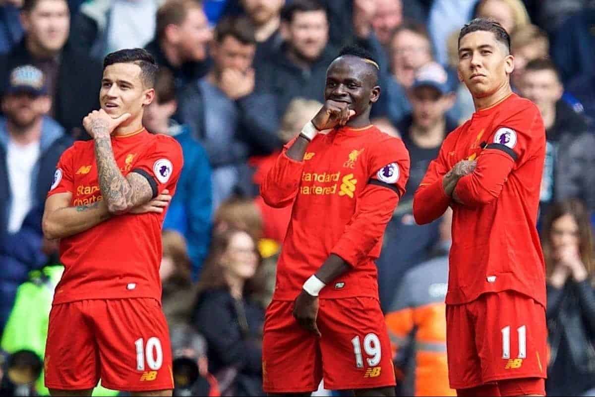 LIVERPOOL, ENGLAND - Saturday, April 1, 2017: Liverpool's Philippe Coutinho Correia celebrates scoring the second goal against Everton with team-mate Sadio Mane and Roberto Firmino during the FA Premier League match, the 228th Merseyside Derby, at Anfield. (Pic by David Rawcliffe/Propaganda)