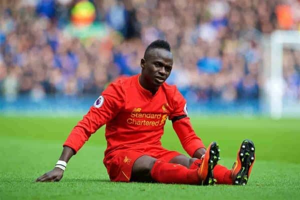 LIVERPOOL, ENGLAND - Saturday, April 1, 2017: Liverpool's Sadio Mane injured during the FA Premier League match, against Everton the 228th Merseyside Derby, at Anfield. (Pic by David Rawcliffe/Propaganda)