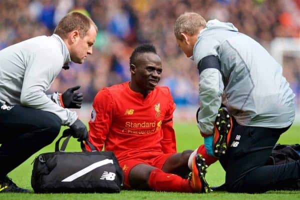 LIVERPOOL, ENGLAND - Saturday, April 1, 2017: Liverpool's Sadio Mane injured during the FA Premier League match, against Everton the 228th Merseyside Derby, at Anfield. (Pic by David Rawcliffe/Propaganda)