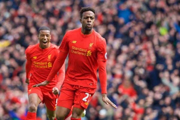 LIVERPOOL, ENGLAND - Saturday, April 1, 2017: Liverpool's Divock Origi celebrates scoring the third goal against Everton during the FA Premier League match, the 228th Merseyside Derby, at Anfield. (Pic by David Rawcliffe/Propaganda)