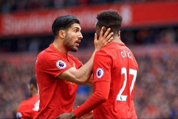 LIVERPOOL, ENGLAND - Saturday, April 1, 2017: Liverpool's Divock Origi celebrates scoring the third goal against Everton with team-mate Emre Can during the FA Premier League match, the 228th Merseyside Derby, at Anfield. (Pic by David Rawcliffe/Propaganda)