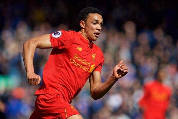 LIVERPOOL, ENGLAND - Saturday, April 1, 2017: Liverpool's Trent Alexander-Arnold in action against Everton during the FA Premier League match, the 228th Merseyside Derby, at Anfield. (Pic by David Rawcliffe/Propaganda)