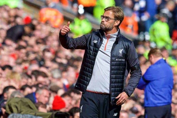 LIVERPOOL, ENGLAND - Saturday, April 1, 2017: Liverpool's manager Jürgen Klopp gives a thumbs-up as his side beat Everton 3-1 during the FA Premier League match, the 228th Merseyside Derby, at Anfield. (Pic by David Rawcliffe/Propaganda)