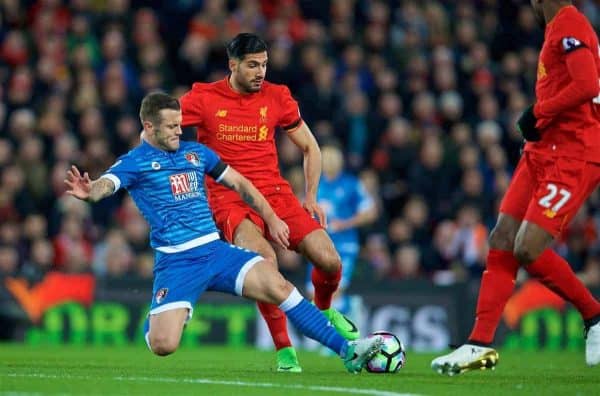 LIVERPOOL, ENGLAND - Wednesday, April 5, 2017: Liverpool's Emre Can in action against AFC Bournemouth's Jack Wilshere during the FA Premier League match at Anfield. (Pic by David Rawcliffe/Propaganda)