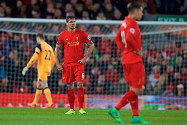 LIVERPOOL, ENGLAND - Wednesday, April 5, 2017: Liverpool's Dejan Lovren looks dejected as AFC Bournemouth score the second equalising goal during the FA Premier League match at Anfield. (Pic by David Rawcliffe/Propaganda)