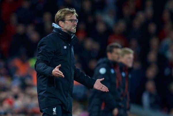 LIVERPOOL, ENGLAND - Wednesday, April 5, 2017: Liverpool's manager Jürgen Klopp reacts during the FA Premier League match against AFC Bournemouth at Anfield. (Pic by David Rawcliffe/Propaganda)