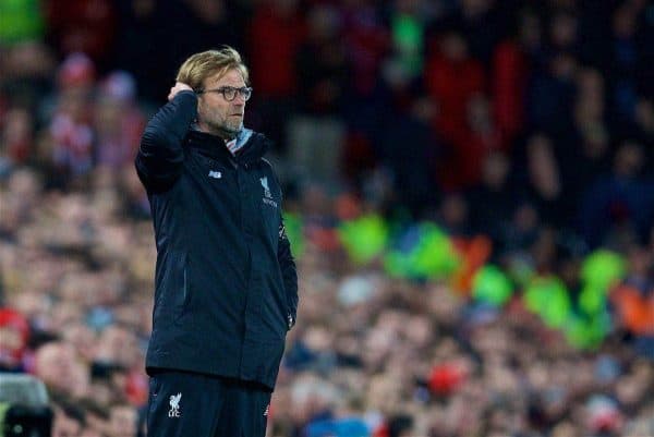 LIVERPOOL, ENGLAND - Wednesday, April 5, 2017: Liverpool's manager Jürgen Klopp looks dejected as AFC Bournemouth score a second equalising goal to seal 2-2 draw during the FA Premier League match at Anfield. (Pic by David Rawcliffe/Propaganda)