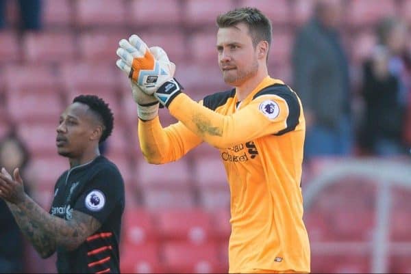 STOKE-ON-TRENT, ENGLAND - Saturday, April 8, 2017: Liverpool's Simon Mignolet thanks fans after the 3-1 win in the FA Premier League match against Stoke City at the Bet365 Stadium. (Pic by Laura Malkin/Propaganda)