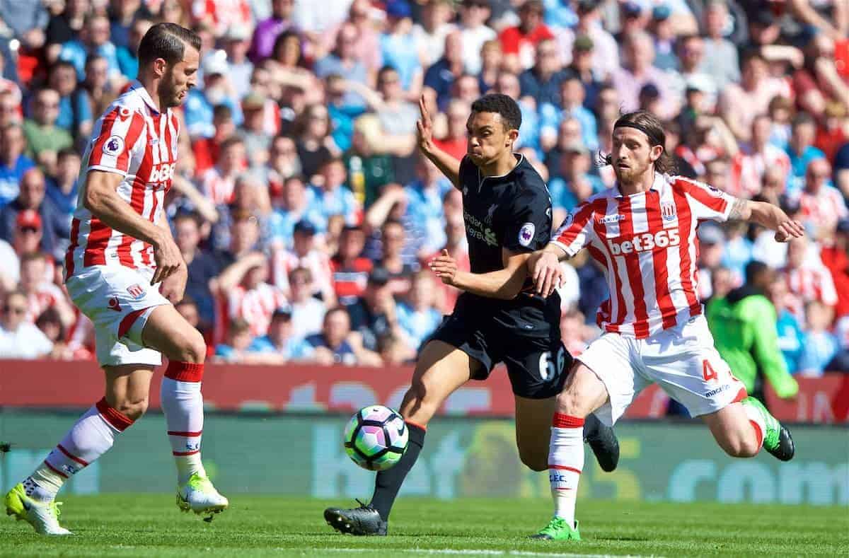 STOKE-ON-TRENT, ENGLAND - Saturday, April 8, 2017: Liverpool's Trent Alexander-Arnold in action against Stoke City's Joe Allen during the FA Premier League match at the Bet365 Stadium. (Pic by David Rawcliffe/Propaganda)