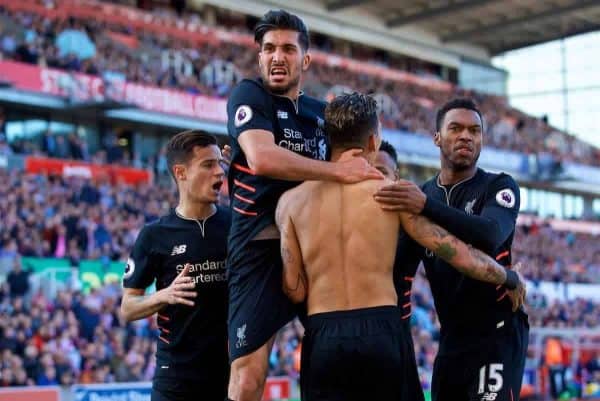 STOKE-ON-TRENT, ENGLAND - Saturday, April 8, 2017: Liverpool's Roberto Firmino celebrates scoring the second goal against Stoke City with team-mates Philippe Coutinho Correia, Emre Can and Daniel Sturridge during the FA Premier League match at the Bet365 Stadium. (Pic by David Rawcliffe/Propaganda)