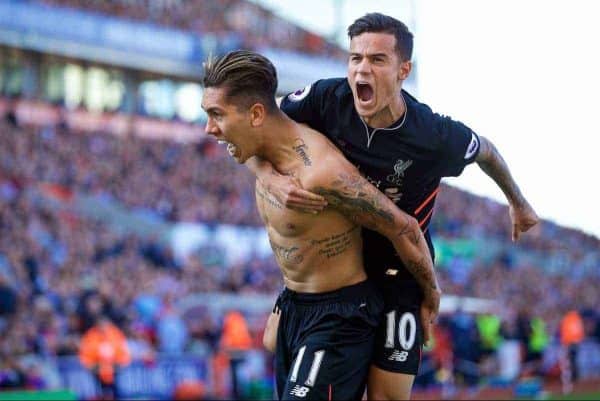 STOKE-ON-TRENT, ENGLAND - Saturday, April 8, 2017: Liverpool's Roberto Firmino celebrates scoring the second goal against Stoke City with team-mate Philippe Coutinho Correia during the FA Premier League match at the Bet365 Stadium. (Pic by David Rawcliffe/Propaganda)