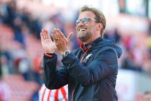 STOKE-ON-TRENT, ENGLAND - Saturday, April 8, 2017: Liverpool's manager Jürgen Klopp celebrates after the 2-1 victory over Stoke City during the FA Premier League match at the Bet365 Stadium. (Pic by David Rawcliffe/Propaganda)