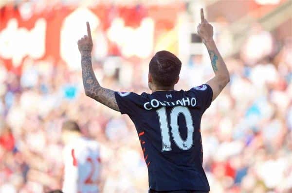 STOKE-ON-TRENT, ENGLAND - Saturday, April 8, 2017: Liverpool's Philippe Coutinho Correia celebrates scoring the first equalising goal against Stoke City during the FA Premier League match at the Bet365 Stadium. (Pic by David Rawcliffe/Propaganda)