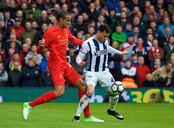 WEST BROMWICH, ENGLAND - Easter Sunday, April 16, 2017, 2016: Liverpool's Joel Matip in action against West Bromwich Albion's Hal Robson-Kanu during the FA Premier League match at the Hawthorns. (Pic by David Rawcliffe/Propaganda)