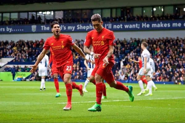 WEST BROMWICH, ENGLAND - Easter Sunday, April 16, 2017, 2016: Liverpool's Roberto Firmino celebrates scoring the first goal against West Bromwich Albion during the FA Premier League match at the Hawthorns. (Pic by David Rawcliffe/Propaganda)