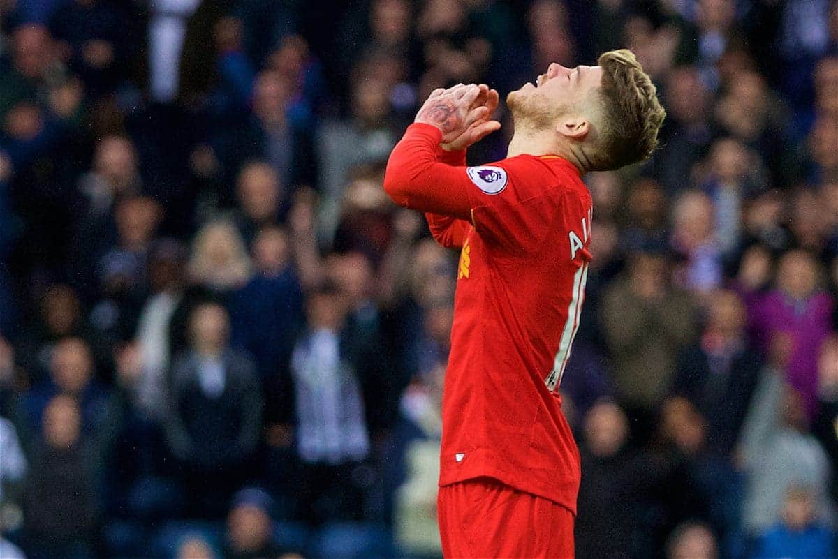 WEST BROMWICH, ENGLAND - Easter Sunday, April 16, 2017, 2016: Liverpool's Alberto Moreno looks dejected after missing an open goal in injury time against West Bromwich Albion during the FA Premier League match at the Hawthorns. (Pic by David Rawcliffe/Propaganda)