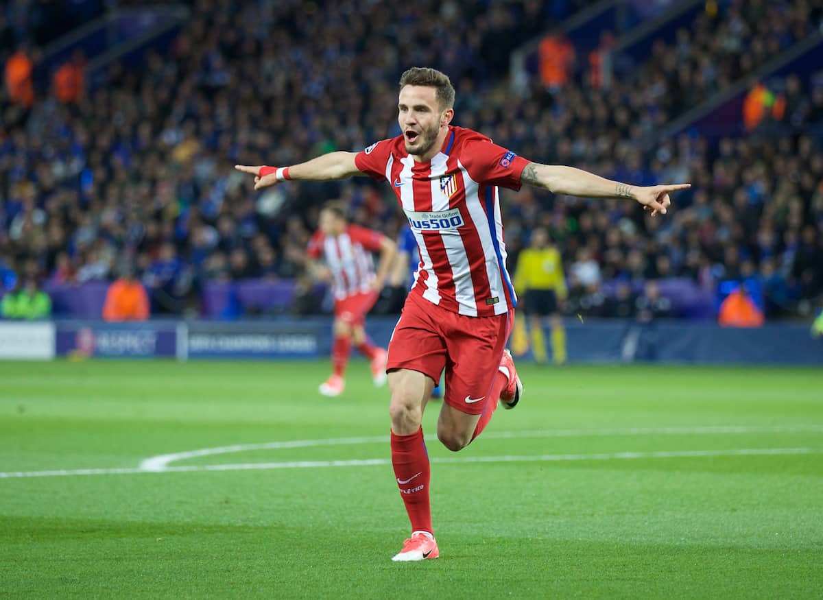 LEICESTER, ENGLAND - Tuesday, April 18, 2017: Club Atlético de Madrid's Saúl Ñíguez celebrates scoring the first goal against Leicester City during the UEFA Champions League Quarter-Final 2nd Leg match at the King Power Stadium. (Pic by David Rawcliffe/Propaganda)