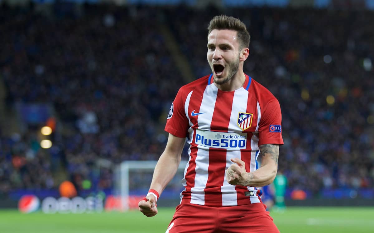 LEICESTER, ENGLAND - Tuesday, April 18, 2017: Club Atlético de Madrid's Saúl Ñíguez celebrates scoring the first goal against Leicester City during the UEFA Champions League Quarter-Final 2nd Leg match at the King Power Stadium. (Pic by David Rawcliffe/Propaganda)