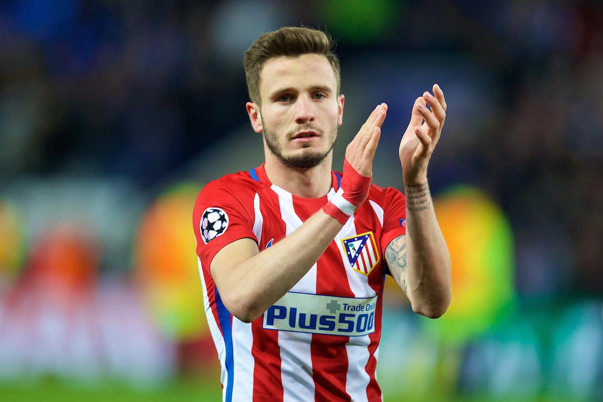 LEICESTER, ENGLAND - Tuesday, April 18, 2017: Club Atlético de Madrid's Saúl Ñíguez applauds the travelling supporters after the 1-1 draw, 2-1 aggregate victory, over Leicester City during the UEFA Champions League Quarter-Final 2nd Leg match at the King Power Stadium. (Pic by David Rawcliffe/Propaganda)