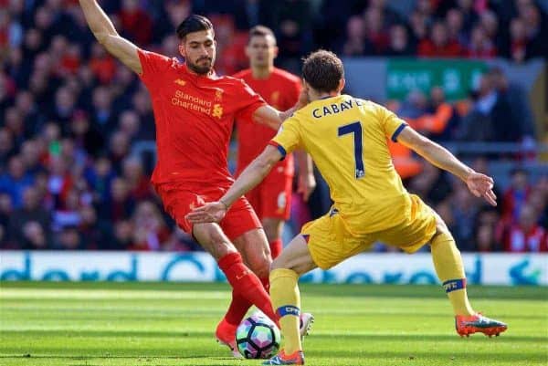 LIVERPOOL, ENGLAND - Sunday, April 23, 2017: Liverpool's Emre Can in action against Crystal Palace during the FA Premier League match at Anfield. (Pic by David Rawcliffe/Propaganda)