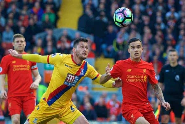 LIVERPOOL, ENGLAND - Sunday, April 23, 2017: Liverpool's Philippe Coutinho Correia in action against Crystal Palace's Joel Ward during the FA Premier League match at Anfield. (Pic by David Rawcliffe/Propaganda)