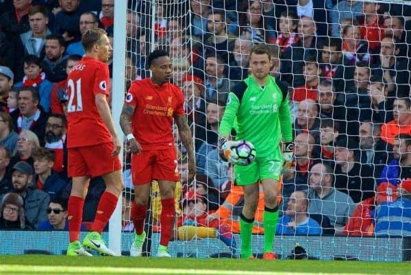 LIVERPOOL, ENGLAND - Sunday, April 23, 2017: Liverpool's goalkeeper Simon Mignolet looks dejected as Crystal Palace score the first equalising goal during the FA Premier League match at Anfield. (Pic by David Rawcliffe/Propaganda)