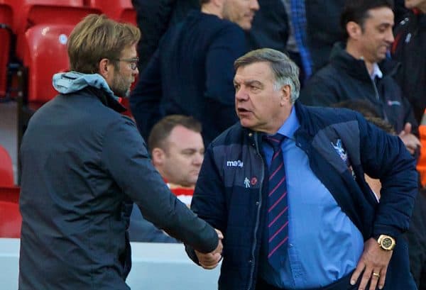 LIVERPOOL, ENGLAND - Sunday, April 23, 2017: Crystal Palace's manager Sam Allardyce shakes hands with Liverpool's manager Jürgen Klopp after his side's 2-1 victory during the FA Premier League match at Anfield. (Pic by David Rawcliffe/Propaganda)