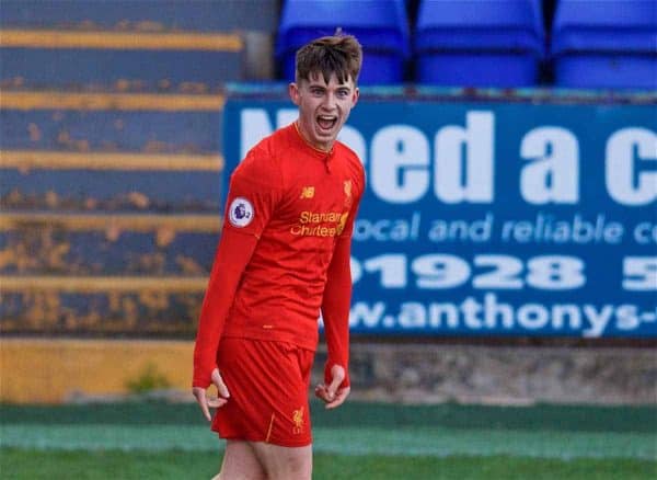 BIRKENHEAD, ENGLAND - Monday, April 24, 2017: Liverpool's Ben Woodburn celebrates scoring the first equalising goal against Manchester City during the Under-23 FA Premier League 2 Division 1 match at Prenton Park. (Pic by David Rawcliffe/Propaganda)