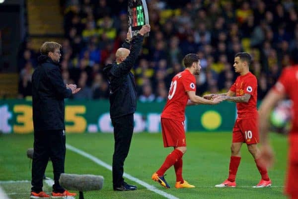 WATFORD, ENGLAND - Monday, May 1, 2017: Liverpool's injured Philippe Coutinho Correia is replaced by substitute Adam Lallana against Watford during the FA Premier League match at Vicarage Road. (Pic by David Rawcliffe/Propaganda)