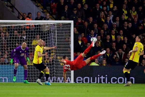 WATFORD, ENGLAND - Monday, May 1, 2017: Liverpool's Emre Can scores the first goal against Watford with an overhead scissor kick during the FA Premier League match at Vicarage Road. (Pic by David Rawcliffe/Propaganda)