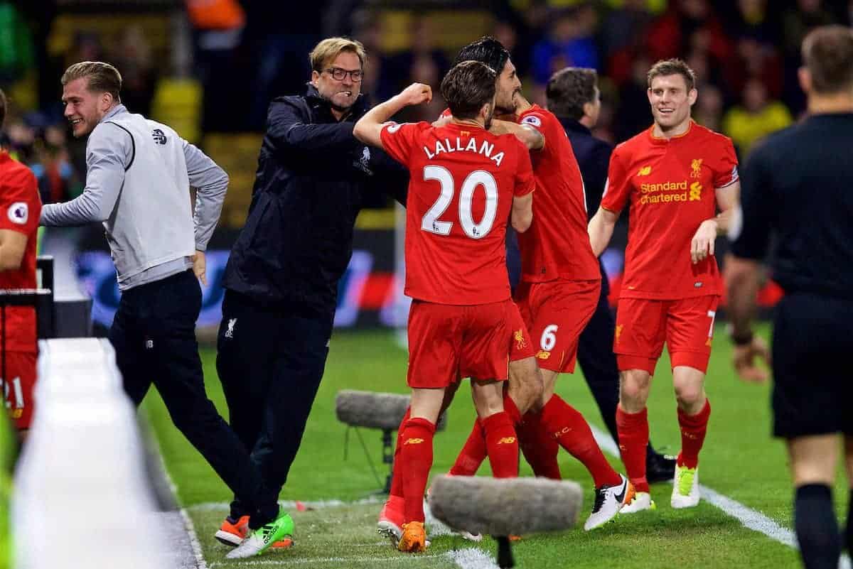 WATFORD, ENGLAND - Monday, May 1, 2017: Liverpool's Emre Can celebrates scoring the first goal against Watford with team-mates and manager Jürgen Klopp during the FA Premier League match at Vicarage Road. (Pic by David Rawcliffe/Propaganda)