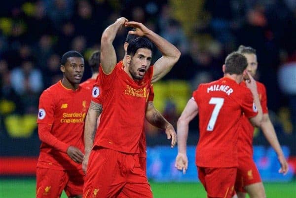 WATFORD, ENGLAND - Monday, May 1, 2017: Liverpool's Emre Can celebrates scoring the first goal against Watford during the FA Premier League match at Vicarage Road. (Pic by David Rawcliffe/Propaganda)