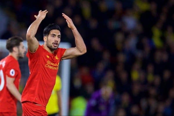 WATFORD, ENGLAND - Monday, May 1, 2017: Liverpool's Emre Can celebrates scoring the first goal against Watford during the FA Premier League match at Vicarage Road. (Pic by David Rawcliffe/Propaganda)