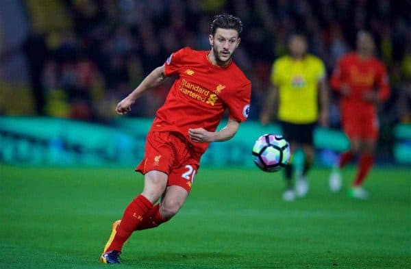 WATFORD, ENGLAND - Monday, May 1, 2017: Liverpool's Adam Lallana in action against Watford during the FA Premier League match at Vicarage Road. (Pic by David Rawcliffe/Propaganda)