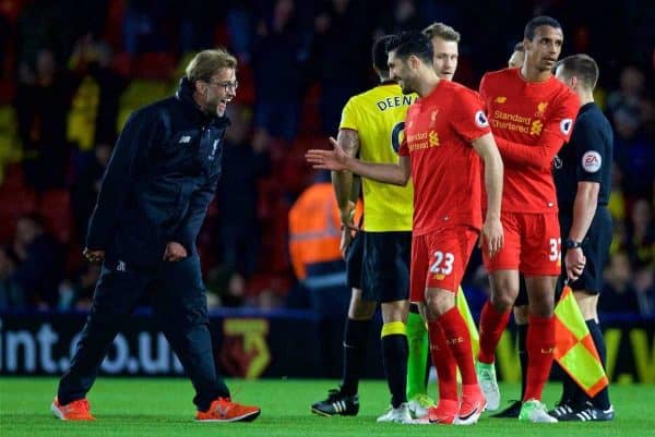 WATFORD, ENGLAND - Monday, May 1, 2017: Liverpool's manager Jürgen Klopp celebrates with match-winning goalscorer Emre Can after the 1-0 victory over Watford during the FA Premier League match at Vicarage Road. (Pic by David Rawcliffe/Propaganda)