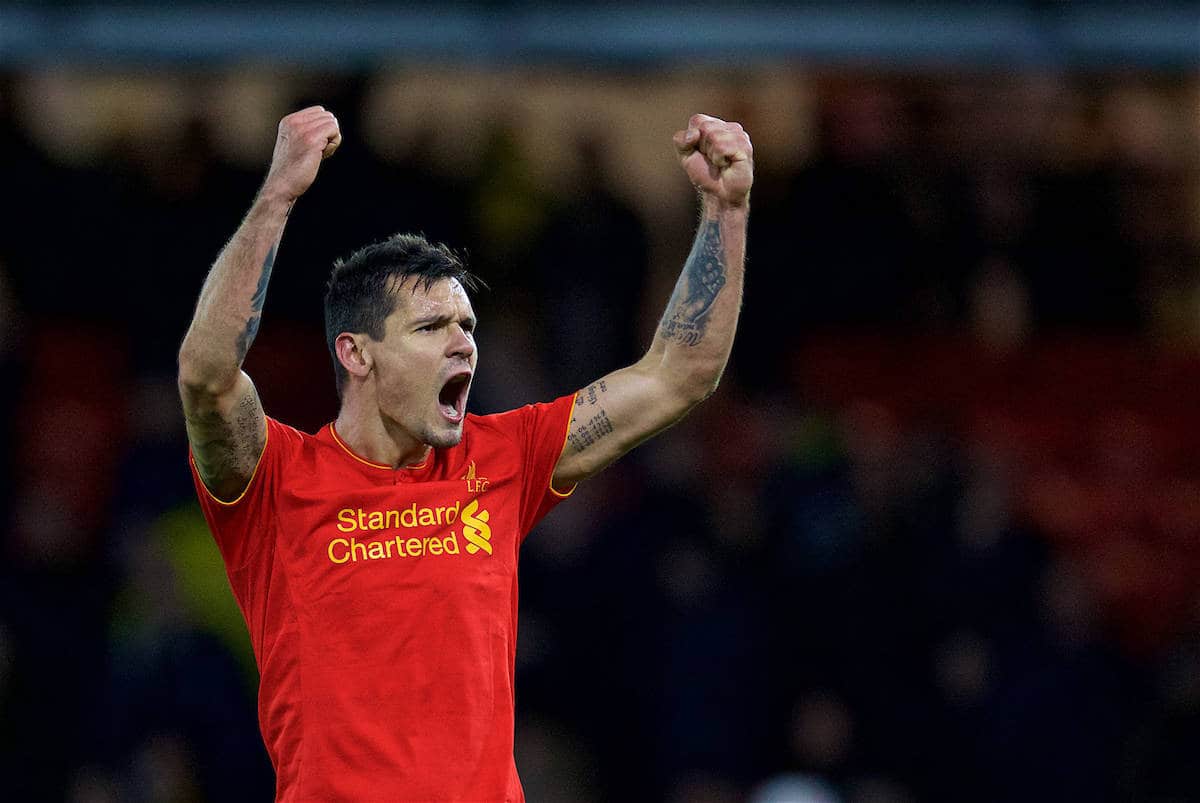 WATFORD, ENGLAND - Monday, May 1, 2017: Liverpool's Dejan Lovren celebrates after the 1-0 victory over Watford during the FA Premier League match at Vicarage Road. (Pic by David Rawcliffe/Propaganda)