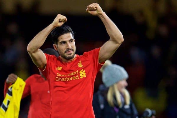 WATFORD, ENGLAND - Monday, May 1, 2017: Liverpool's match-winning goalscorer Emre Can celebrates after the 1-0 victory over Watford during the FA Premier League match at Vicarage Road. (Pic by David Rawcliffe/Propaganda)