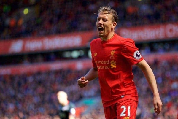 LIVERPOOL, ENGLAND - Sunday, May 7, 2017: Liverpool's Lucas Leiva in action against Southampton during the FA Premier League match at Anfield. (Pic by David Rawcliffe/Propaganda)