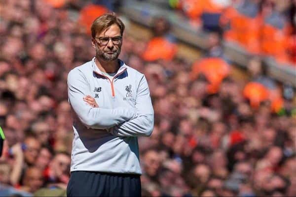 LIVERPOOL, ENGLAND - Sunday, May 7, 2017: Liverpool's manager Jürgen Klopp during the FA Premier League match against Southampton at Anfield. (Pic by David Rawcliffe/Propaganda)