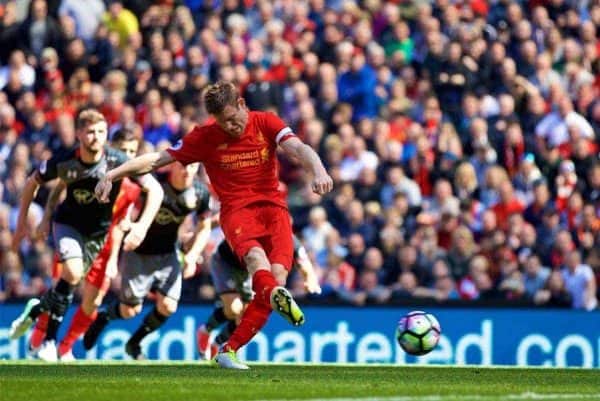 LIVERPOOL, ENGLAND - Sunday, May 7, 2017: Liverpool's James Milner sees his penalty kick saved against Southampton during the FA Premier League match at Anfield. (Pic by David Rawcliffe/Propaganda)