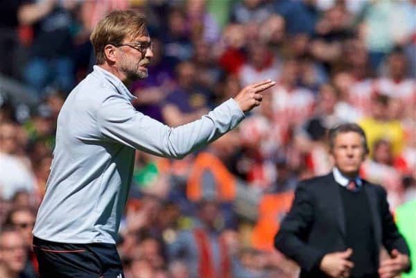 LIVERPOOL, ENGLAND - Sunday, May 7, 2017: Liverpool's manager Jürgen Klopp reacts during the FA Premier League match against Southampton at Anfield. (Pic by David Rawcliffe/Propaganda)